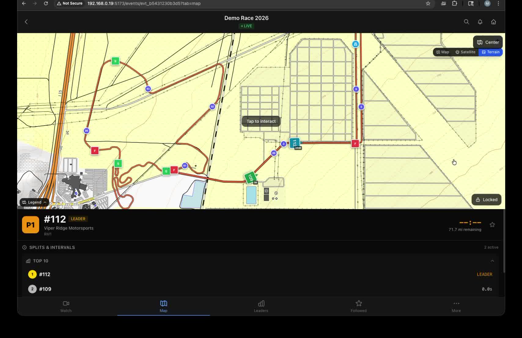 Race Link Live interactive course map with live vehicle positions